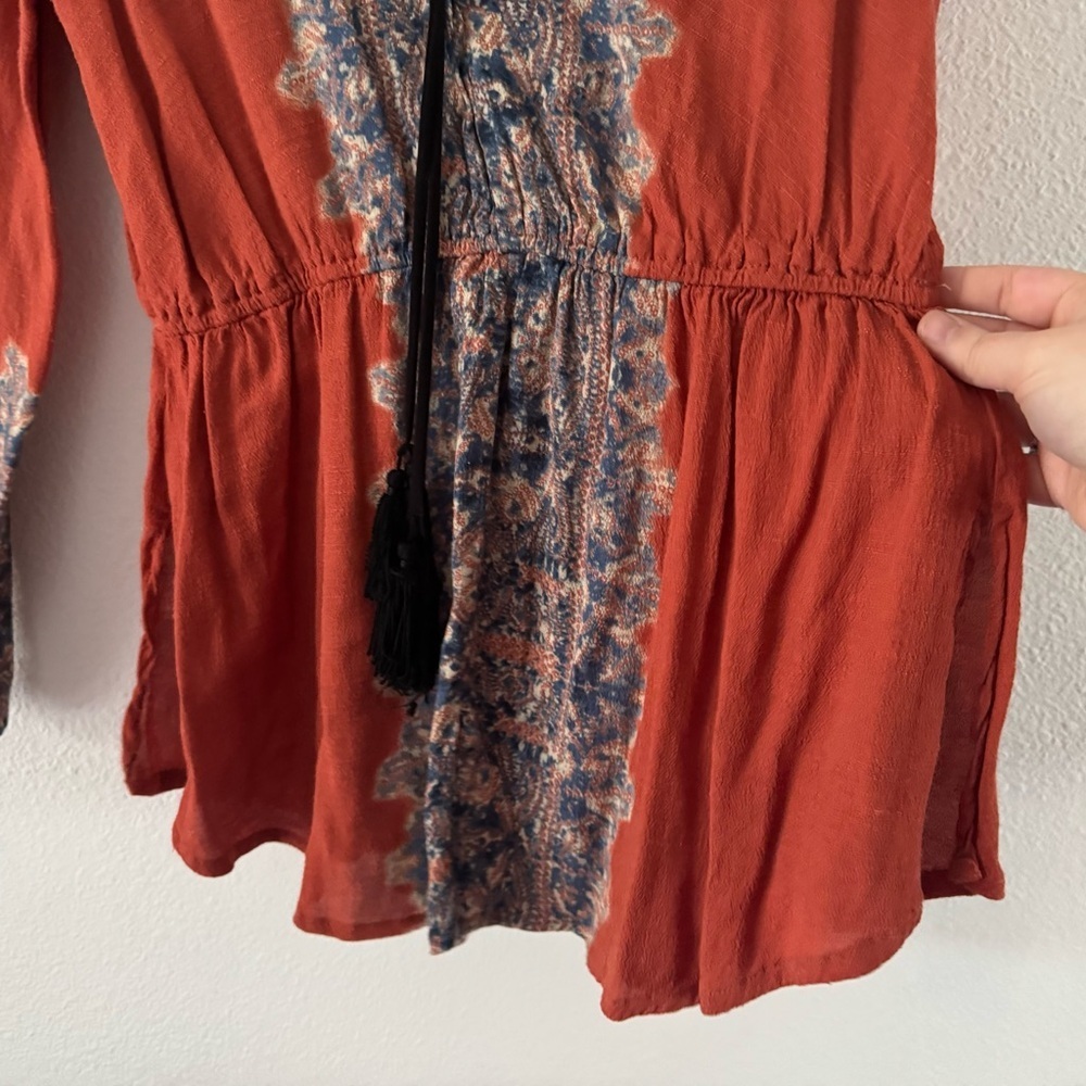 Free People Wildest Moment Rust Paisley Lace-Up Tunic Large Boho Romantic - Picture 9 of 16
